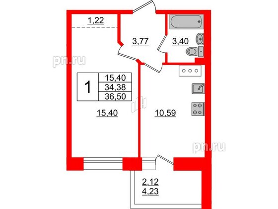 Квартира в ЖК Стороны Света, 1 комнатная, 36.5 м², 12 этаж