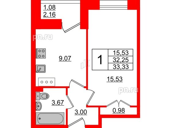 Квартира в ЖК Стороны Света, 1 комнатная, 33.33 м², 9 этаж