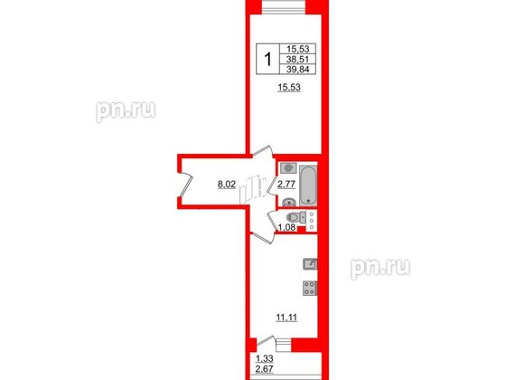 Квартира в ЖК Стороны Света, 1 комнатная, 39.84 м², 4 этаж