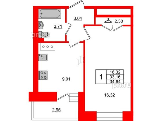 Квартира в ЖК Стороны Света, 1 комнатная, 34.64 м², 3 этаж