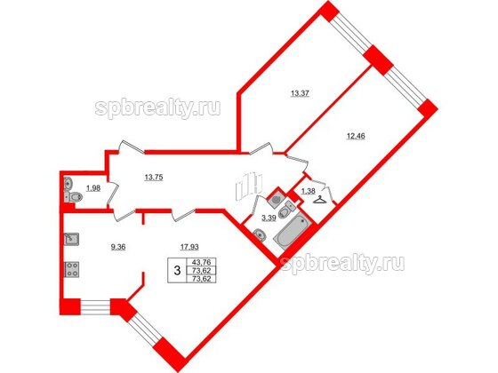 Квартира в ЖК Стороны Света, 3 комнатная, 71.8 м², 1 этаж