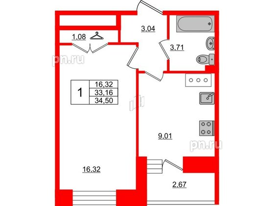 Квартира в ЖК Стороны Света, 1 комнатная, 34.51 м², 19 этаж