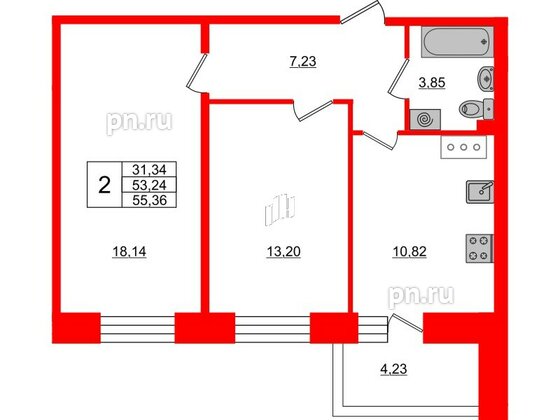 Квартира в ЖК Стороны Света, 2 комнатная, 54.1 м², 17 этаж