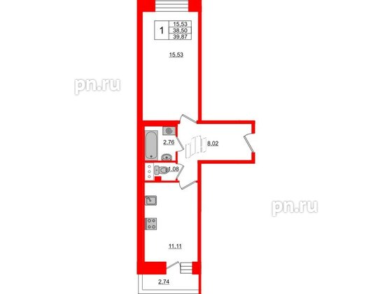 Квартира в ЖК Стороны Света, 1 комнатная, 39.87 м², 4 этаж