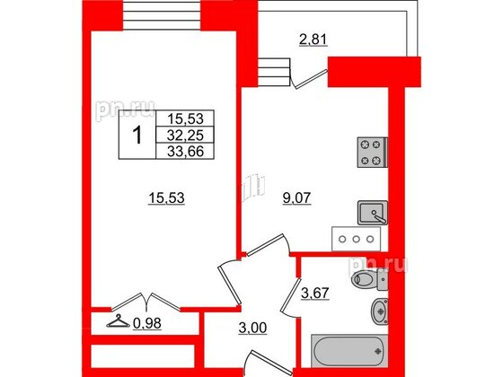 Квартира в ЖК Стороны Света, 1 комнатная, 33.66 м², 3 этаж