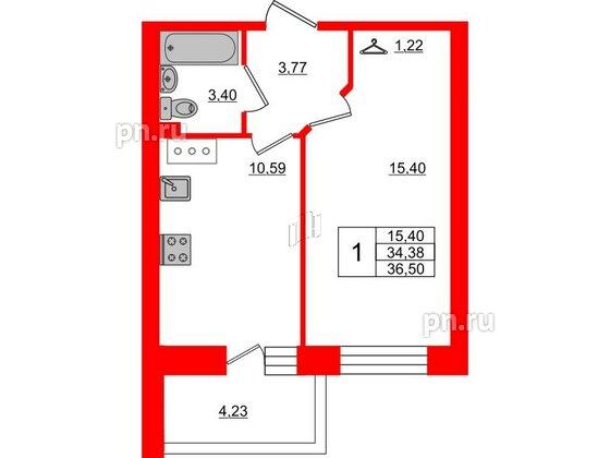 Квартира в ЖК Стороны Света, 1 комнатная, 36.5 м², 4 этаж