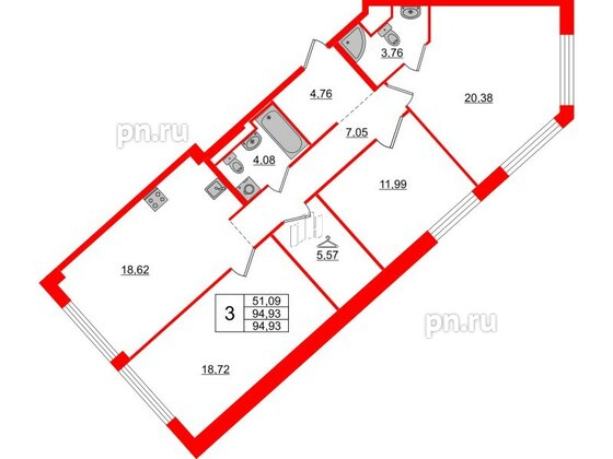 Квартира в ЖК Glorax Premium Василеостровский, 3 комнатная, 94.93 м², 3 этаж