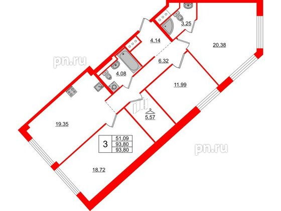 Квартира в ЖК Glorax Premium Василеостровский, 3 комнатная, 93.8 м², 4 этаж