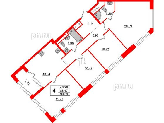 Квартира в ЖК Glorax Premium Василеостровский, 4 комнатная, 90.39 м², 14 этаж