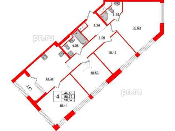 Квартира в ЖК Glorax Premium Василеостровский, 4 комнатная, 90.67 м², 15 этаж