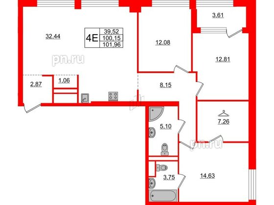 Квартира в ЖК Glorax Premium Василеостровский, 3 комнатная, 101.96 м², 3 этаж