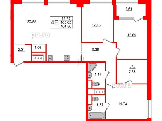 Квартира в ЖК Glorax Premium Василеостровский, 3 комнатная, 101.86 м², 6 этаж