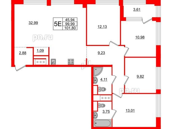 Квартира в ЖК Glorax Premium Василеостровский, 4 комнатная, 101.8 м², 10 этаж