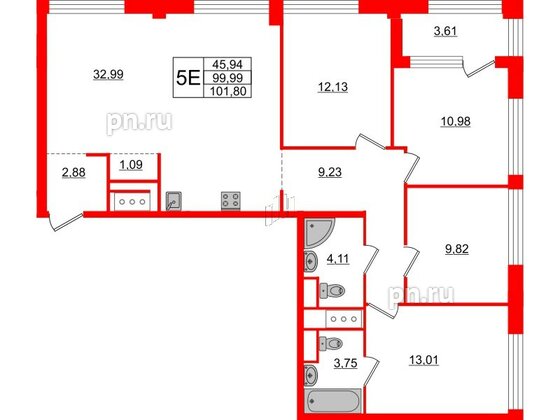 Квартира в ЖК Glorax Premium Василеостровский, 4 комнатная, 102.6 м², 11 этаж