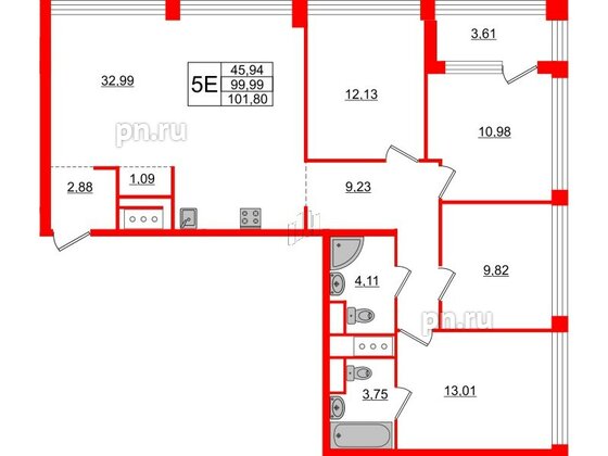 Квартира в ЖК Glorax Premium Василеостровский, 4 комнатная, 101.8 м², 17 этаж