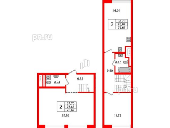 Квартира в ЖК Glorax Premium Василеостровский, 2 комнатная, 76.77 м², 6 этаж