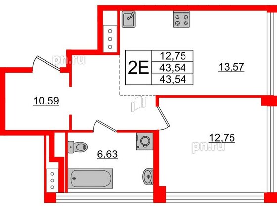 Квартира в ЖК Glorax Premium Василеостровский, 1 комнатная, 43.54 м², 18 этаж