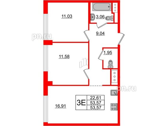 Квартира в ЖК Glorax Premium Василеостровский, 2 комнатная, 53.57 м², 7 этаж