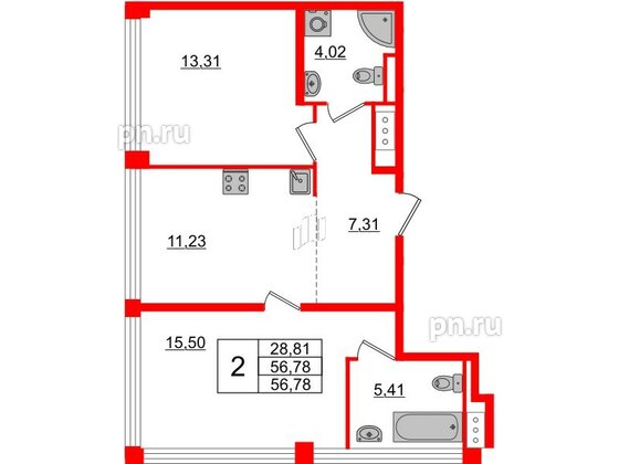 Квартира в ЖК Glorax Premium Василеостровский, 2 комнатная, 56.78 м², 18 этаж