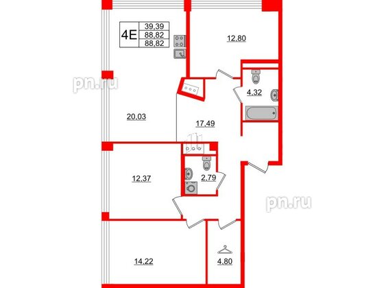 Квартира в ЖК Glorax Premium Василеостровский, 3 комнатная, 88.82 м², 18 этаж