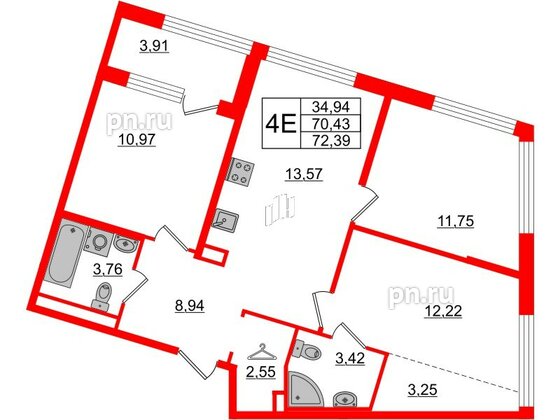 Квартира в ЖК Glorax Premium Василеостровский, 3 комнатная, 72.39 м², 2 этаж