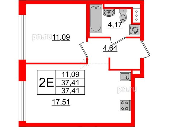 Квартира в ЖК Glorax Premium Василеостровский, 1 комнатная, 37.41 м², 17 этаж