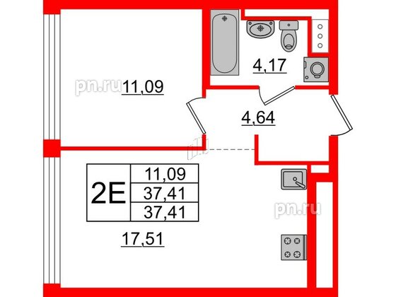 Квартира в ЖК Glorax Premium Василеостровский, 1 комнатная, 37.41 м², 18 этаж