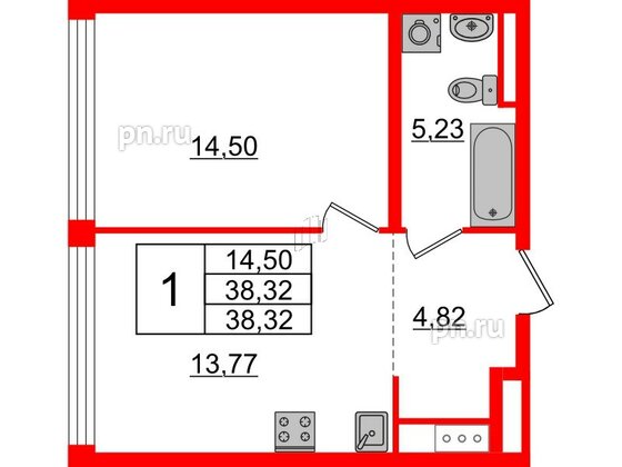 Квартира в ЖК Glorax Premium Василеостровский, 1 комнатная, 38.32 м², 18 этаж