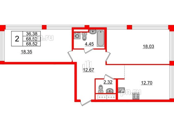 Квартира в ЖК Glorax Premium Василеостровский, 2 комнатная, 68.52 м², 18 этаж