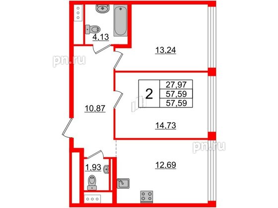 Квартира в ЖК Glorax Premium Василеостровский, 2 комнатная, 59.7 м², 17 этаж