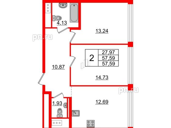 Квартира в ЖК Glorax Premium Василеостровский, 2 комнатная, 57.59 м², 18 этаж