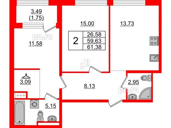 Квартира в ЖК Glorax Premium Василеостровский, 2 комнатная, 61.38 м², 7 этаж