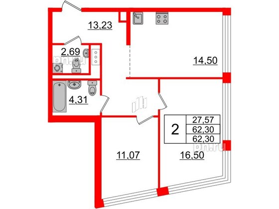 Квартира в ЖК Glorax Premium Василеостровский, 2 комнатная, 62.3 м², 12 этаж