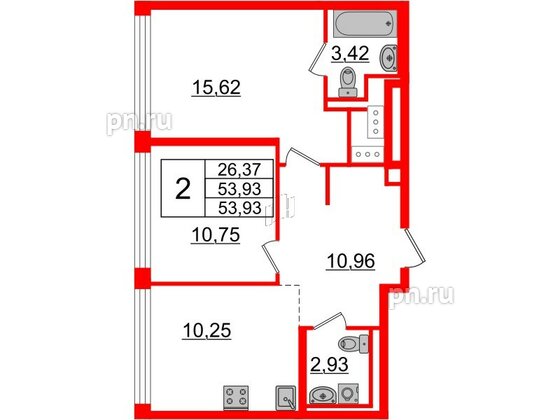 Квартира в ЖК Glorax Premium Василеостровский, 2 комнатная, 53.93 м², 15 этаж