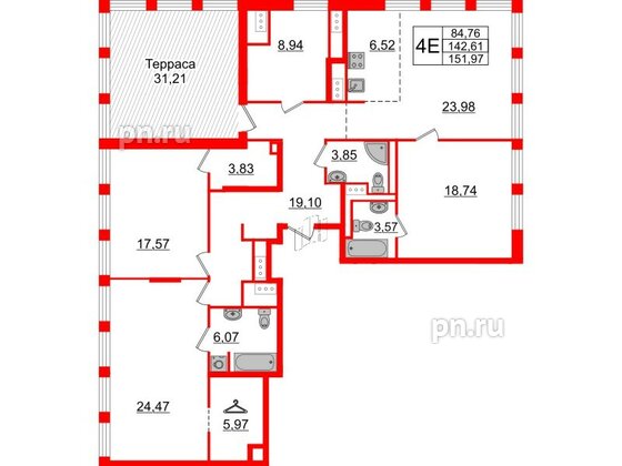 Квартира в ЖК Glorax Premium Василеостровский, 4 комнатная, 148.1 м², 19 этаж