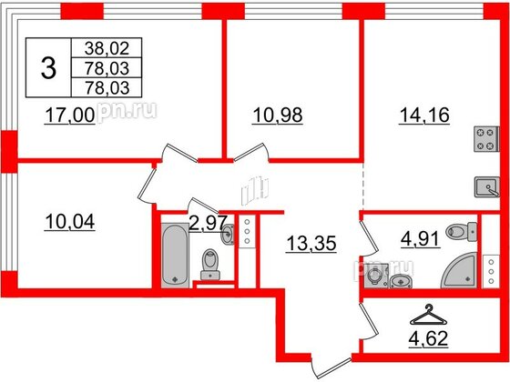 Квартира в ЖК Glorax Premium Василеостровский, 3 комнатная, 78.03 м², 4 этаж