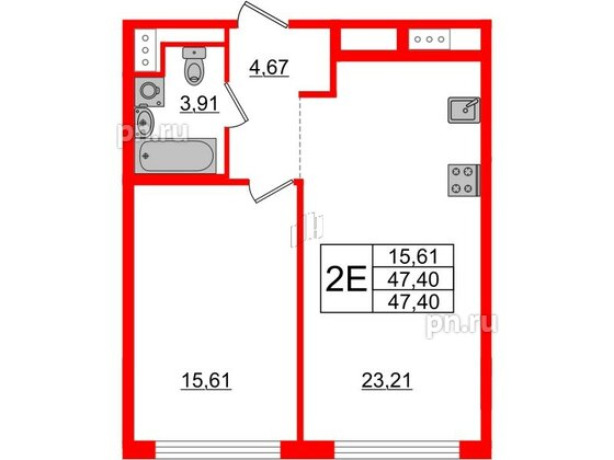 Квартира в ЖК Glorax Premium Василеостровский, 1 комнатная, 47.4 м², 3 этаж