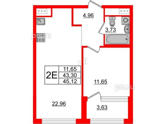 Квартира в ЖК Glorax Premium Василеостровский, 1 комнатная, 45.12 м², 4 этаж