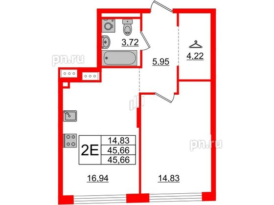 Квартира в ЖК Glorax Premium Василеостровский, 1 комнатная, 45.66 м², 3 этаж