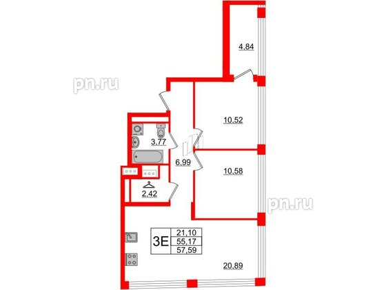 Квартира в ЖК Glorax Premium Василеостровский, 2 комнатная, 57.59 м², 15 этаж