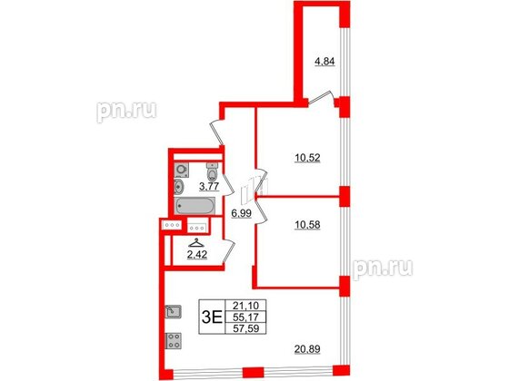 Квартира в ЖК Glorax Premium Василеостровский, 2 комнатная, 57.59 м², 17 этаж