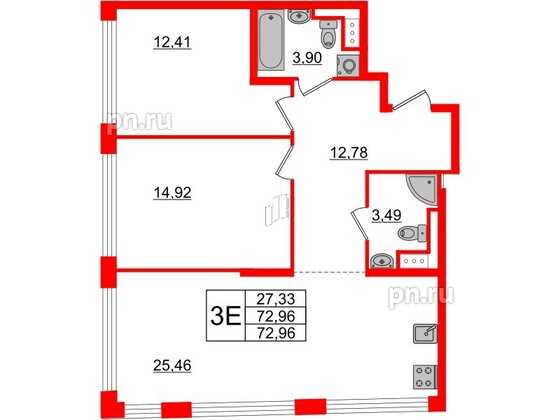 Квартира в ЖК Glorax Premium Василеостровский, 2 комнатная, 72.96 м², 18 этаж