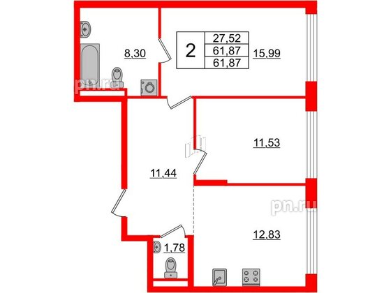 Квартира в ЖК Glorax Premium Василеостровский, 2 комнатная, 61.87 м², 2 этаж