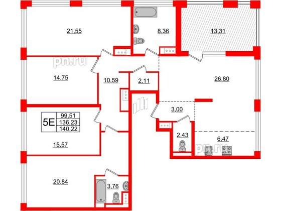 Квартира в ЖК Glorax Premium Василеостровский, 5 комнатная, 140.22 м², 19 этаж