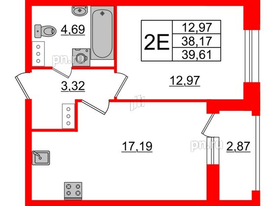 Квартира в ЖК Аквилон Leaves, 1 комнатная, 39.61 м², 8 этаж