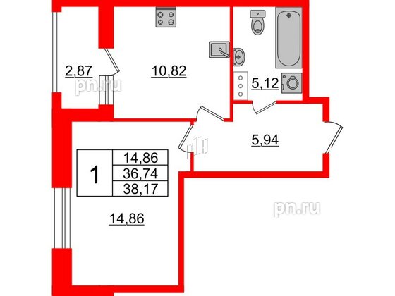 Квартира в ЖК Аквилон Leaves, 1 комнатная, 38.17 м², 10 этаж