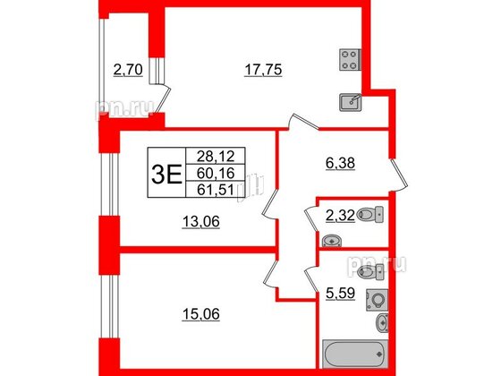 Квартира в ЖК Аквилон Leaves, 2 комнатная, 61.51 м², 2 этаж