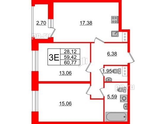 Квартира в ЖК Аквилон Leaves, 2 комнатная, 60.77 м², 3 этаж