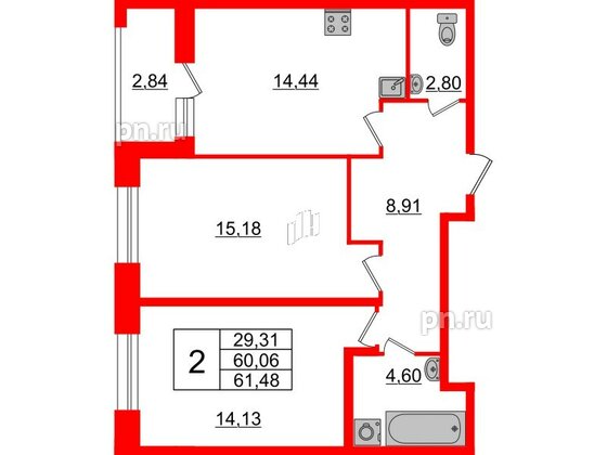 Квартира в ЖК Аквилон Leaves, 2 комнатная, 61.48 м², 2 этаж