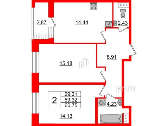 Квартира в ЖК Аквилон Leaves, 2 комнатная, 60.75 м², 10 этаж